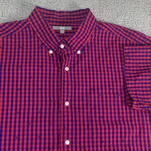 Uniqlo Shirt Mens Large Button Up Pink Blue Gengham‎ Plaid Stars Modern Casual
